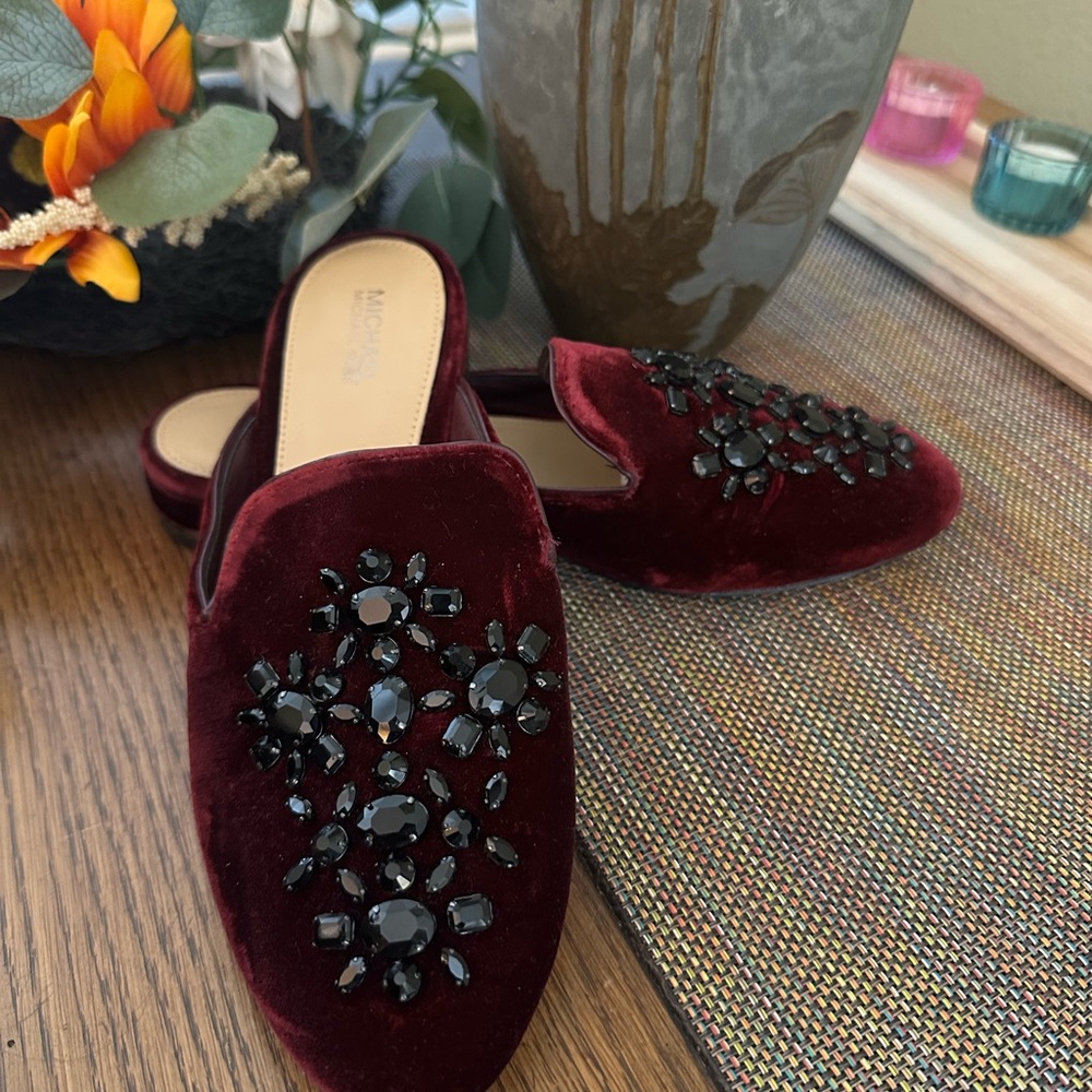 MICHAEL Michael Kors Burgundy Velvet Mules with Black Embellishments